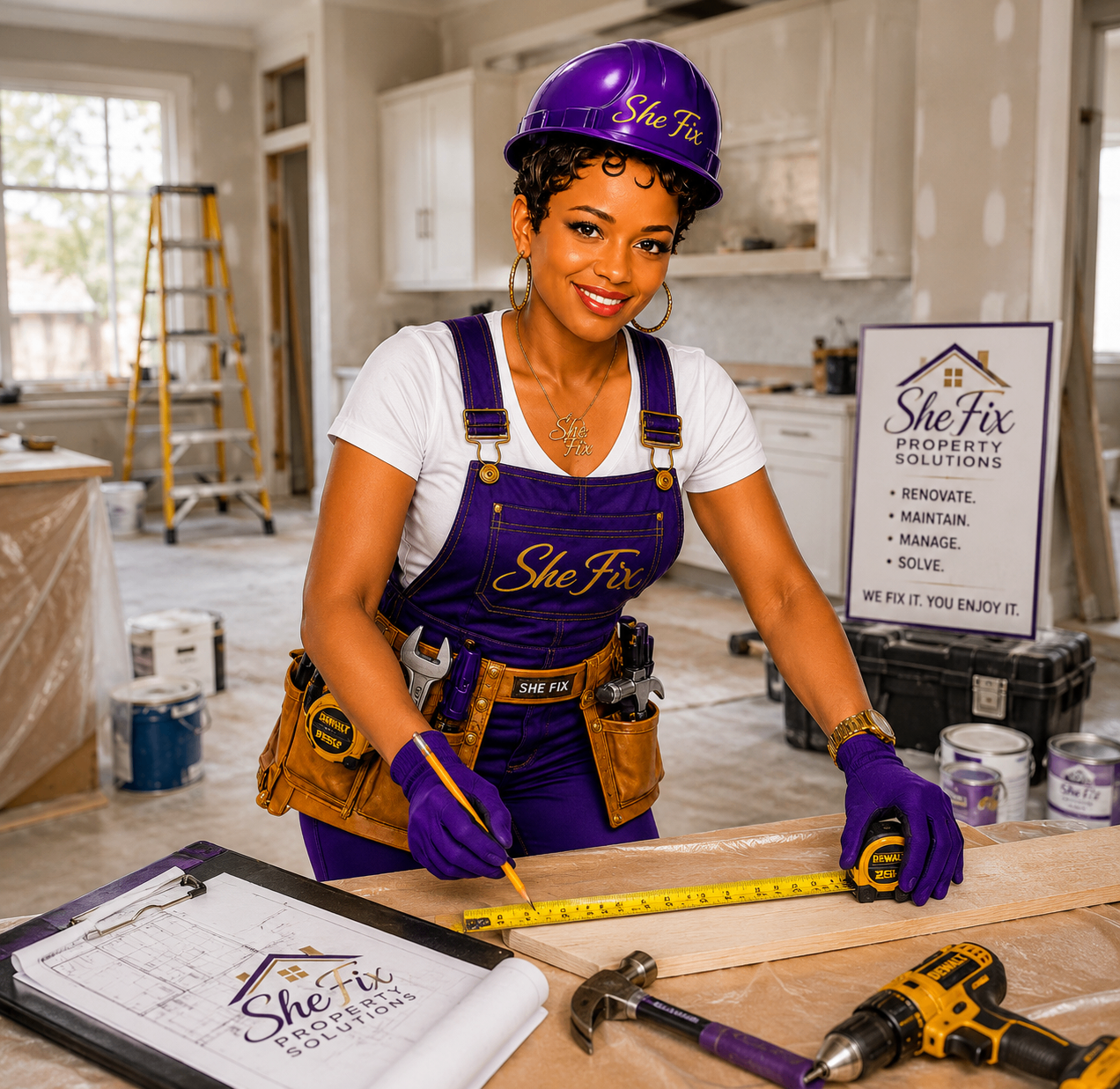 SHE FIX founder measuring on a renovation jobsite